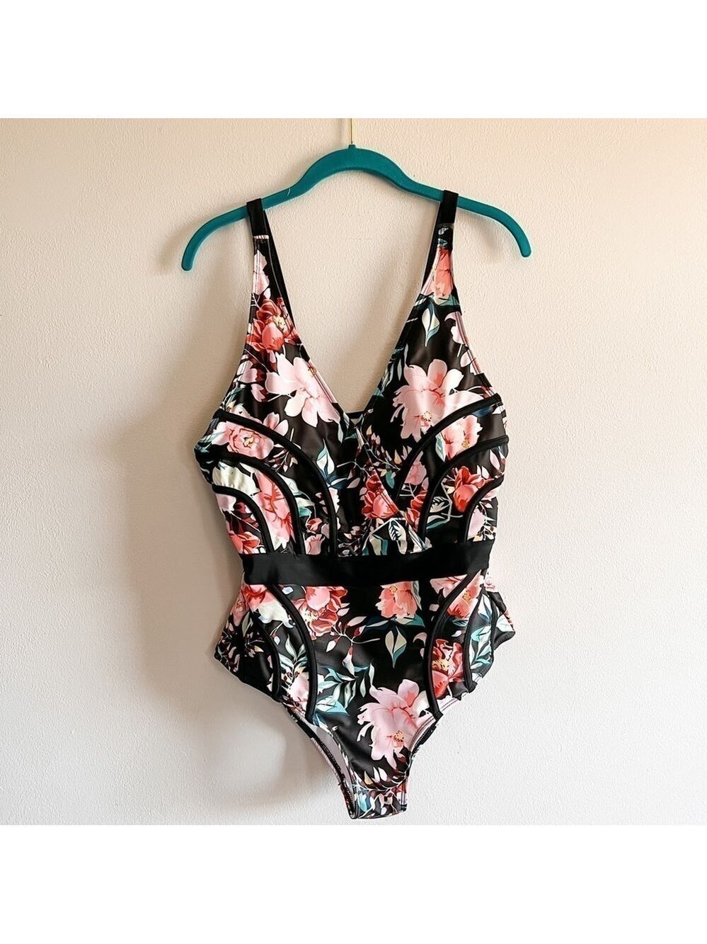 Black & Pink Floral Bodycon V Neck One Piece Swimsuit 0XL